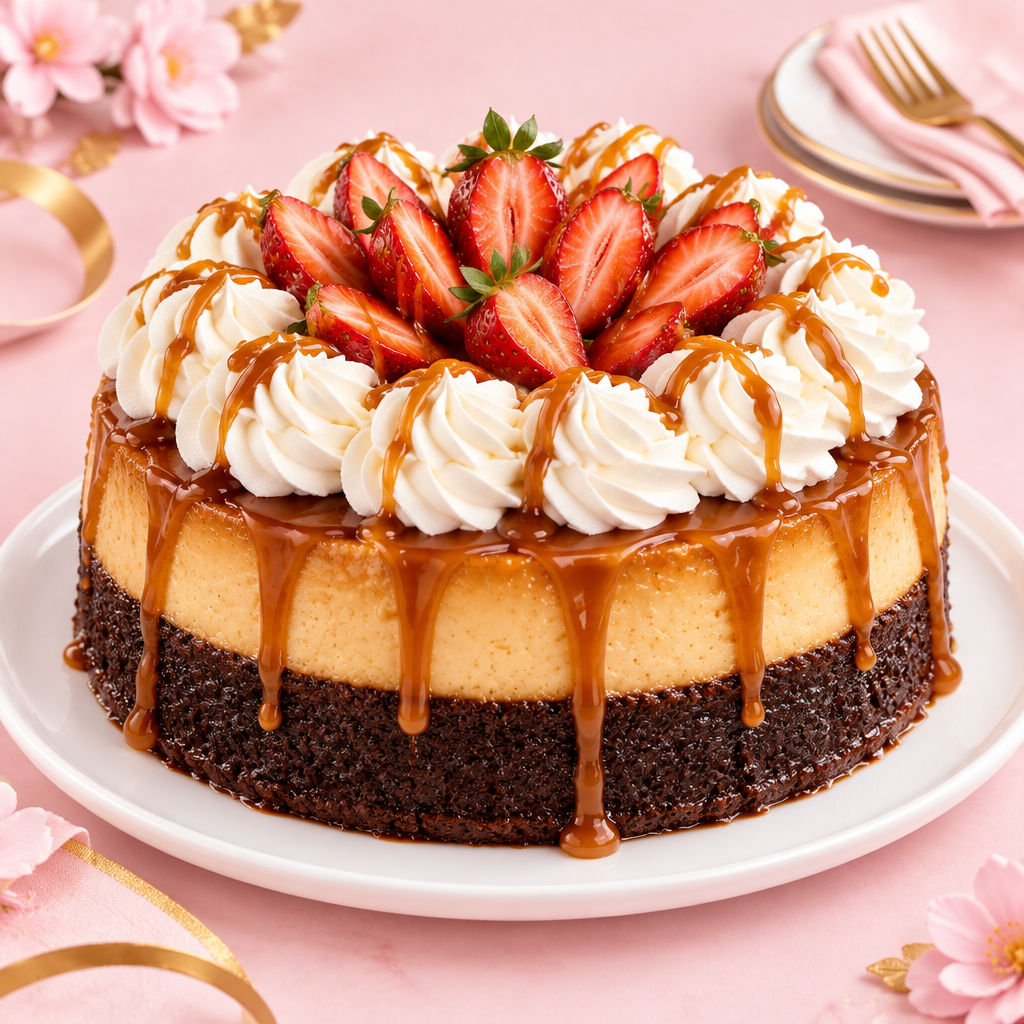 Chocoflan 10 pulgadas con chantilly, dulce de leche y fresas - Mi Sweet Boutique