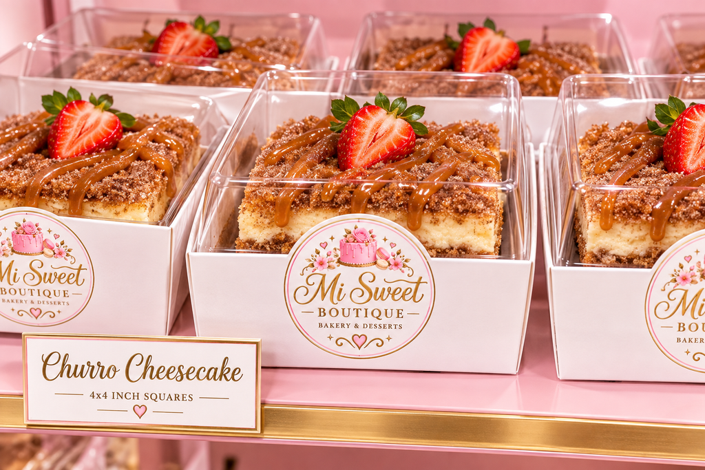 Churro Cheesecake 4x4 con drip de dulce de leche y fresa